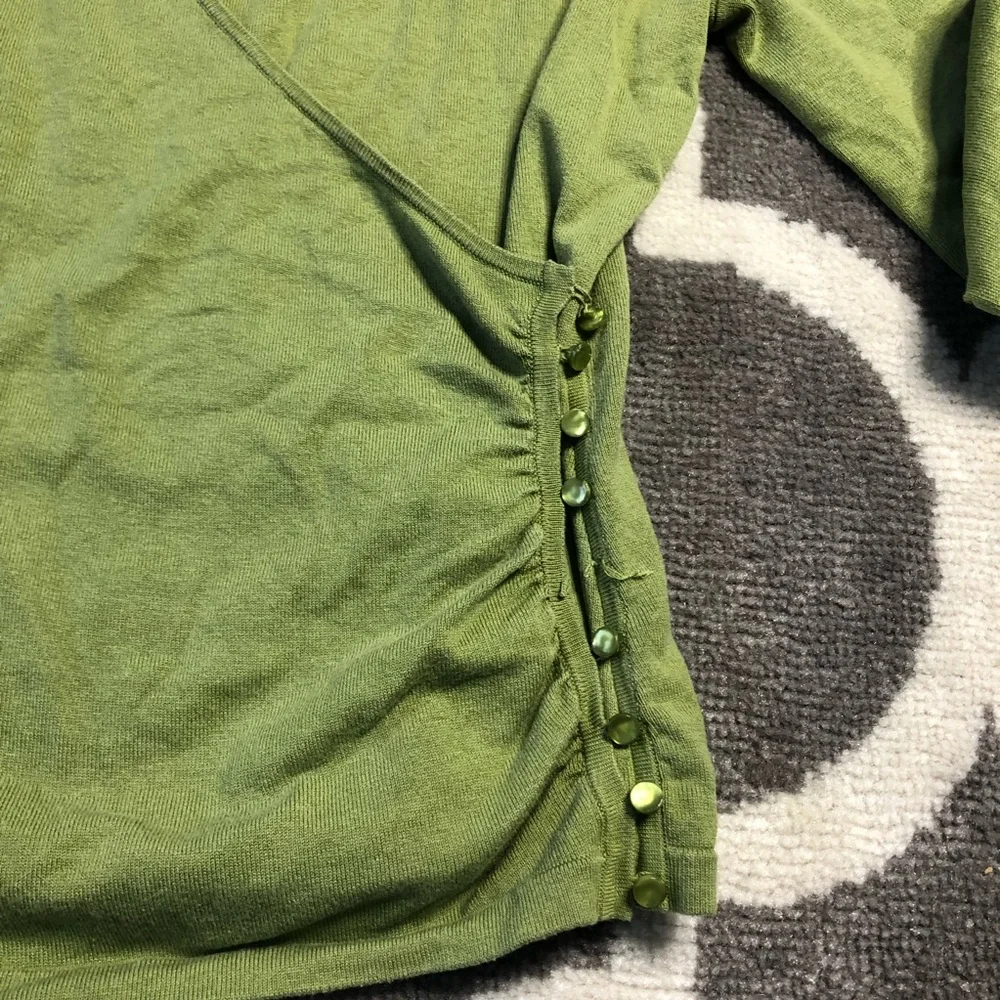 Ann Taylor Sweater Silk Blend Faux Wrap VNeck Green Button Hem Medium Petite